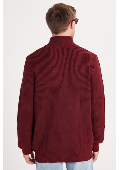 Tudors Erkek Slim Fit Dar Kesim Fermuarlı Bordo Dik Yaka Triko Kazak-34925 Bordo