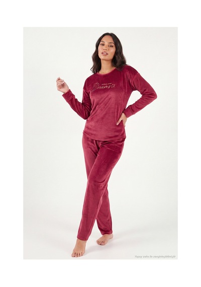 Lela Bisiklet Yaka Yumuşak Dokulu Parlak Kadife Pijama Takımı Kadın Pijama Takımı 6094209 Bordo