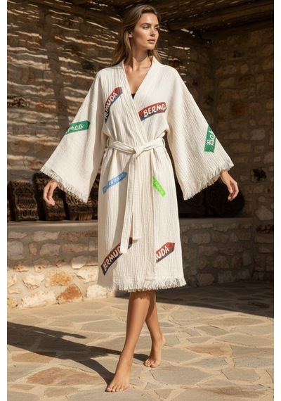 Varol Organik %100 Pamuk Kimono Yaka Sabahlık Bornoz - Nomada Krem