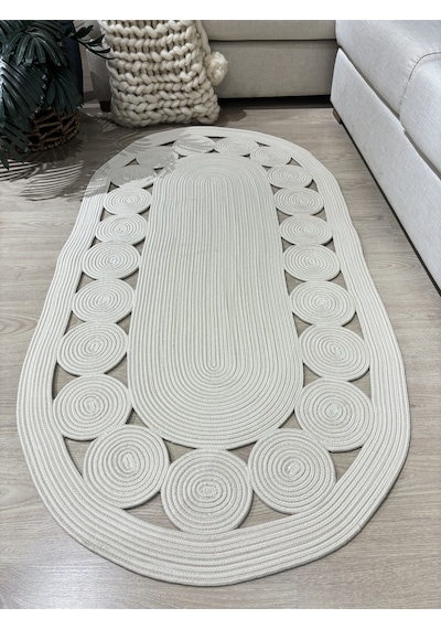 Mavaux Krem Jüt Hasırlı El Örgüsü Kilim Beyaz