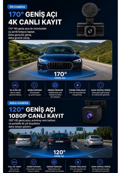 4k Araç Kamerası 3 Kameralı Ön-arka - İç Wifi Gps Park Modu Gece Görüşlü Araç İçi Kamera F6 Dash Cam