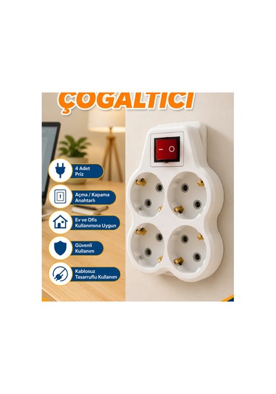 2 Li Set Anahtarlı 4 Lü Priz Çoğaltıcı Kablosuz Duvar Tipi Diğer