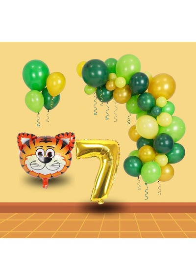 7 Yaş Safari Temalı Folyo Kaplan Yeşil Sarı Gold Balonlar Gold Rakam Doğum Günü Süsü Sarı - Yeşil