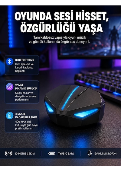 Tam Kablosuz Kulaklığı 5.0 Bluetooth Led Kontrollü Yeni Nesil Çok Renkli