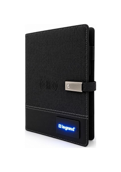 Legrand Işıklı Logo Powerbank Ajanda - 8000 Mah Kablosuz Şarjlı & Led Lambalı Notebook Siyah