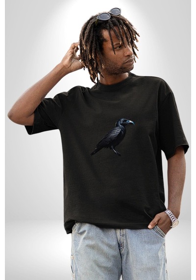 Siyah Karga Pamuklu Bisiklet Yaka Unisex Oversize Boyfriend Dijital Baskılı Siyah T-shirt Siyah