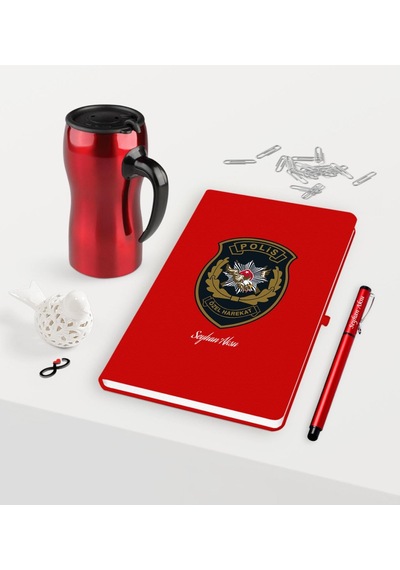 Kişiye Özel Polis Özel Harekat Temalı Kırmızı Defter Kalem Termos Kırmızı