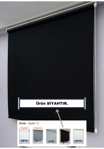 Düz Stor Perde - Kalın Mat Stor Güneşlik Kumaş Keten - Alüminyum Kasa Ve Boru - Eteği Dilimsiz/düz Siyah