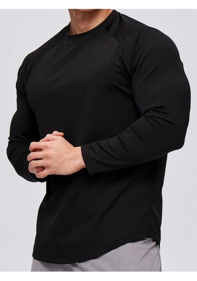 Ghassy Co. Erkek Running Sports Reglan Oval Kesim Uzun Kollu Pamuklu Penye T-shirt Siyah