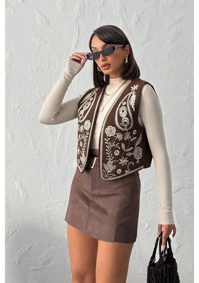 Verymoda Fitili Kadife Nakışlı Yelek Vmf2010 Kahve