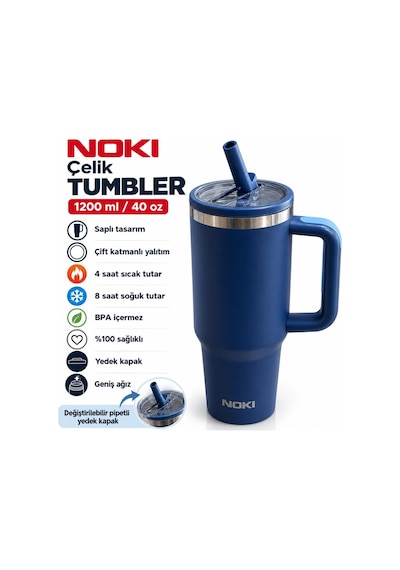 Nokı T-0137 1200 Ml Paslanmaz Çelik Tumbler Termos Bardak, Pipetli Yedek Kapaklı, Saplı Mavi