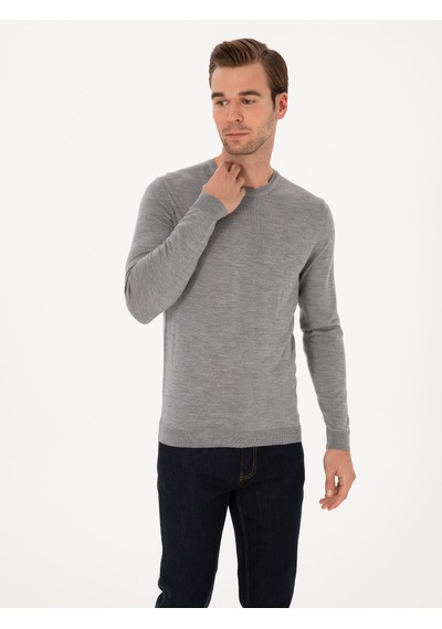 Cacharel Gri Slim Fit Kaşmir İpek Karışımlı Bisiklet Yaka Triko Kazak