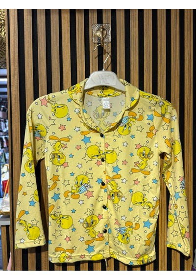 Mihra Kız Çocuk Sarı Tweety Desenli Önden Düğmeli Pijama Takımı