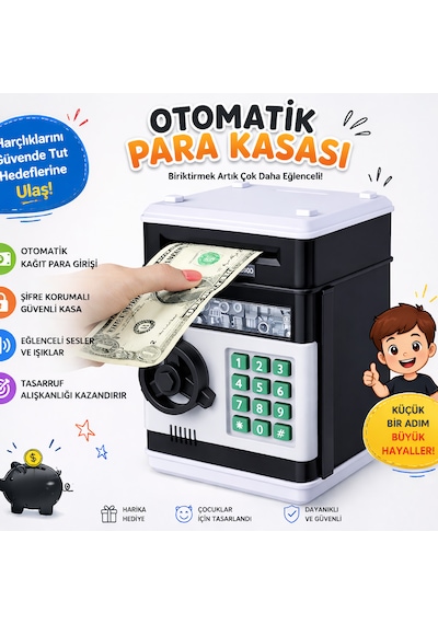Çocuklar İçin Dijital Şifreli Para Kasası Otomatik Kağıt Para Girişli Eğlenceli Kumbara