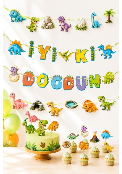 Dinazor Temalı Doğum Günü Parti Seti, İyi Ki Doğdun Flama, Cupcake Ve Pasta Süsü Happy Birthday Dijital Baskı