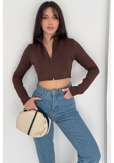 Kadın Fermuarlı Crop Ceket Dinamik & Modern Stil Kahverengi