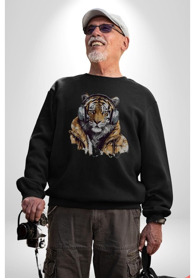 Müzik Dinleyen Kaplan İnsan Mont Unisex Siyah Baskılı Sweatshirt Siyah
