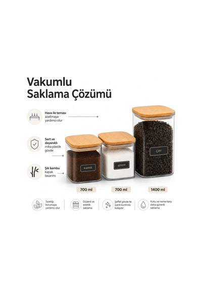 Vakumlu 3'lü Bambu Saklama Kabı Seti, 2800 Mililitre, Sert Dayanıklı, Hava İle Temas Etmez Sızdırmaz Kapak, Ahşap Kapaklı, 700ml X2 Ve 1400ml, Bpa İçermez