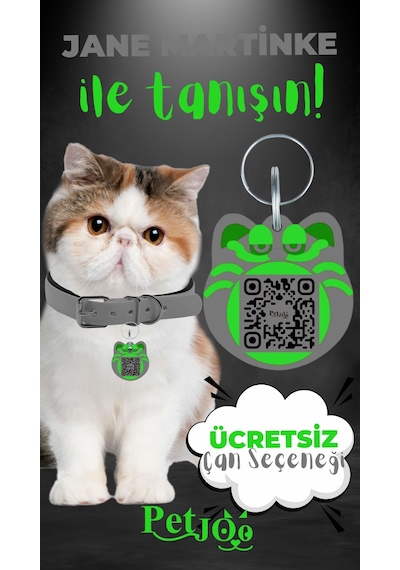 Petjoo 5.Jane Martinke Yeşil-Gri Qr'lı Kedi Künyesi