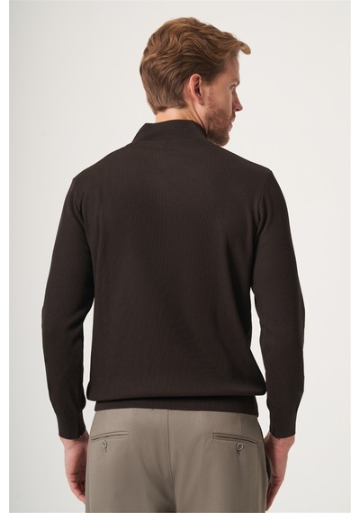 İmza Kahverengi Dik Yaka Uzun Kol Örme Comfort Fit Pamuklu Kazak 1012265158