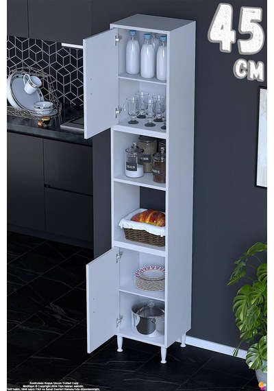 Bade 45 Cm 2 Kapaklı Açık Raflı Çok Amaçlı Mutfak Kiler Dolabı Banyo Dolabı Boy Dolabı 45x213x32 Cm Beyaz
