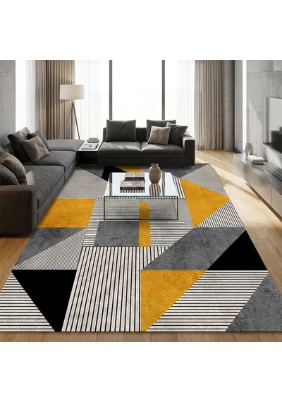 Hardal Gri Geometrik Üçgen Desenli Modern Dijital Baskılı Kaymaz Tabanlı Yıkanabilir Halı Hardal
