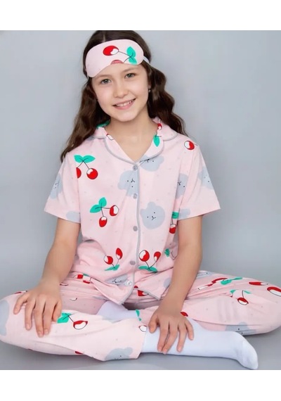 Lillypicca Pembe Desenli Pamuklu Önden Düğmeli Göz Bantlı Kısa Kol Pijama Takımı 8003 Somon