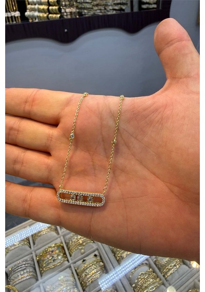 Taşlı Kolye 14 K Yeşil Renk 45 Cm Altın