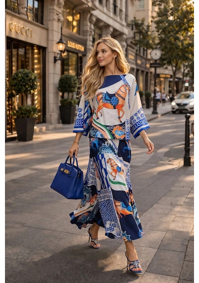 Asprinfashion Kayık Yaka Yarasa Kol Bluz Etek Takım Lacivert