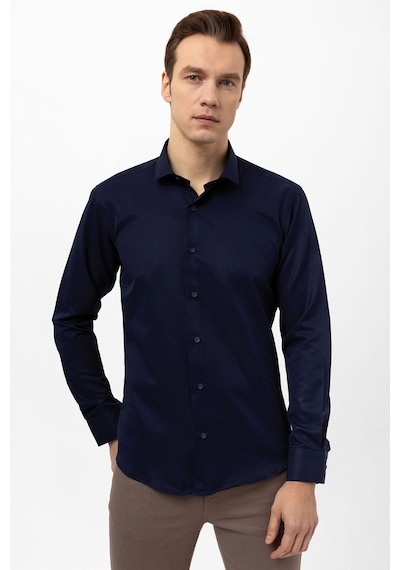 Süvari Lacivert Slim Fit Armürlü Klasik Yaka Gömlek