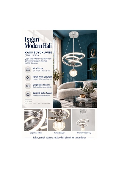 Kaos Büyük Modern Ledli Avize Çizgili 3 Renk Power Ledli Krom Kaplama Kumandalı Yatak Odası Salon Mutfak