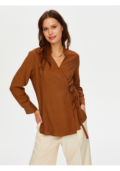 Faik Sönmez Beli Bağcıklı Kendinden Dokulu Kaçık Yaka Tunik W26tnk003 Uw26tnk00383 Koyu Kahve