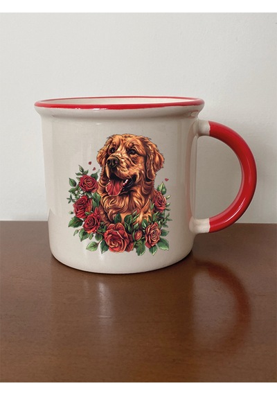 Çiçek Ve Köpek Temalı Kırmızı Ağızlı Kupa Bardak - Seramik Çay, Kahve Hediyelik Bardağı Beyaz