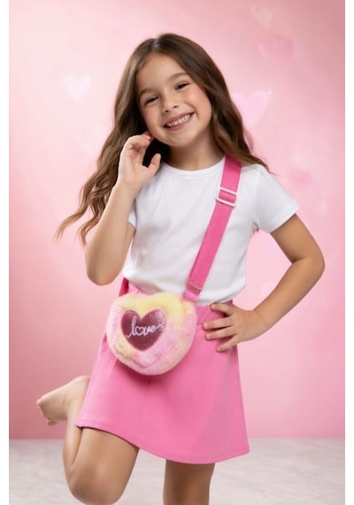Mollycrush Love Nakışlı Kız Çocuk Pembe Hediye Peluş Çanta Simli Kalp Ve Yazı Detaylı Pembe Renk Geçişli