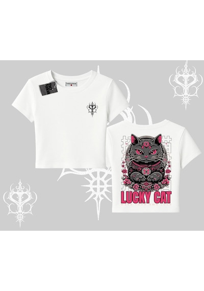 Tarzsokak Lucky Cat Japon Tarzı Kedi Baskılı Babby Tee Tshirt Beyaz