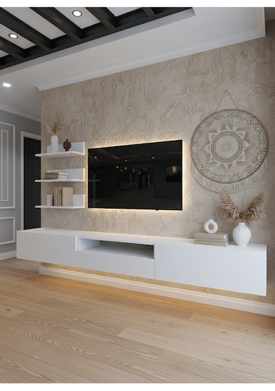 Resital Ledli Duvara Monte Tv Sehpası - Beyaz - W6018-1 Beyaz