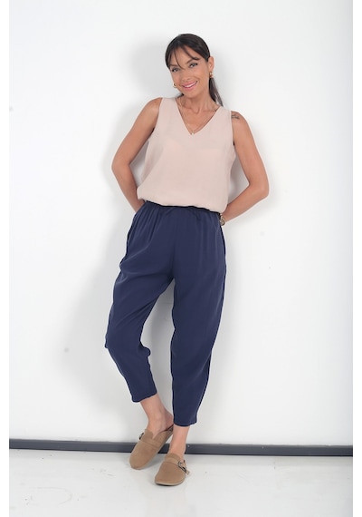 By Saygı Kadın Beli Lastikli Cepli İtalyan Cotton Lyocell Şalvar Pantolon Lacivert