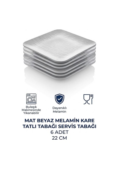 6 Adet Mat Beyaz Kare Melamin Tatlı Tabağı Servis Tabağı - Bulaşık Makinesinde Yıkanabilir 22 Cm
