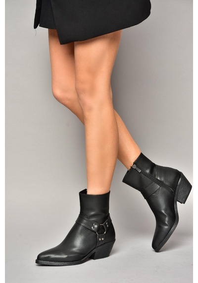 Fox Shoes T404400609 Siyah Kalın Topuklu Kadın Bot Siyah-Suni Deri Siyah