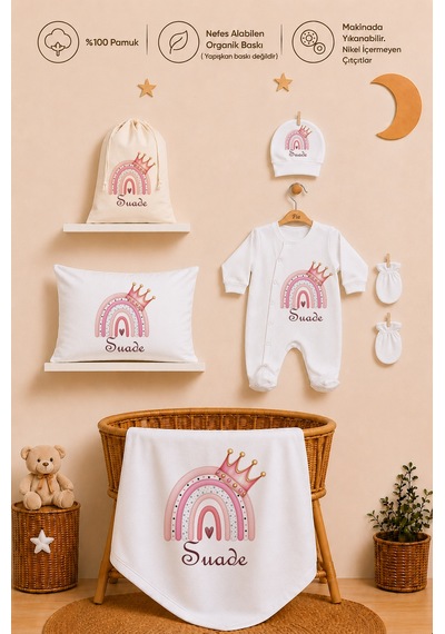 Pia Baby Kız Bebek İsimli Hastane Çıkışı 6 Parça Tulum Şapka Eldiven %100 Pamuk Hediye Seti 1104tybk3x Krem