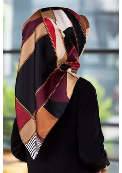 Vissona Tivil İpek Eşarp 17428 - 0018 - 0009 Bordo Hardal Geometrik Desen Bordo