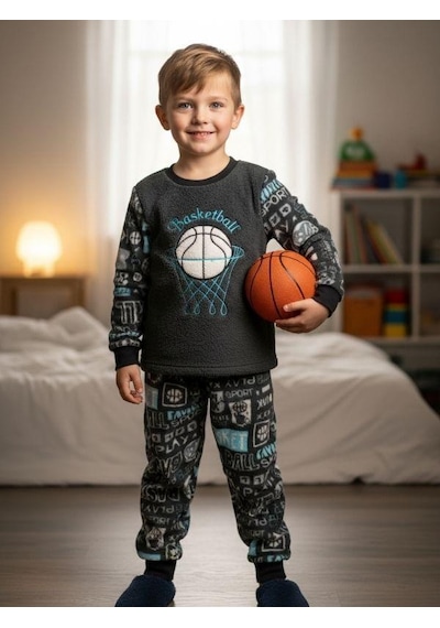 Zekids Erkek Çocuk Basketball Baskılı Polar Pijama Takımı-16815 Renklı