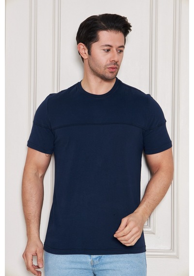 Jeuss Erkek Viscon Lina Likralı Kumaş Bisiklet Yaka Lacivert Tshirt