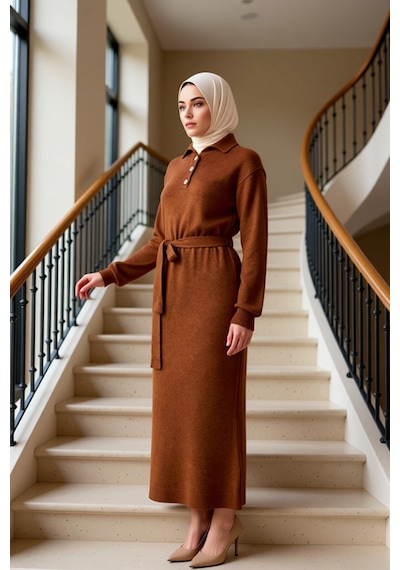 Benerly Kadın Polo Yaka Standart Kol Triko Elbise Düz Desen A Line Kalıp Kahverengi Benerly Kadın Polo Yaka Standart Kol Triko Elbise Düz Desen A Line Kalıp Kahverengi