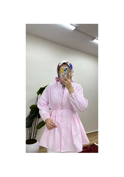 Moonsc Kadın Nervürlü Keten Tesettür Gömlek - Pembe