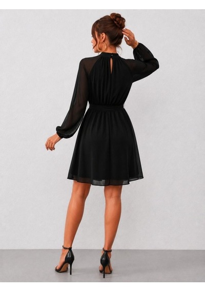 Bhrwear Kadın Uzun Kollu Yarı Balıkçı Yakalı Astar Detaylı Belden Kuşaklı Şifon Kısa Elbise Renkli