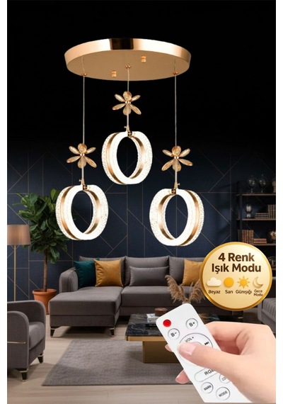 LumiaLighting Aurea Model 3'lü Gold Kumandalı 3 Renk Modu Ledli Kristal Taşlı Modern Salon Mutfak Oturma Odası Led Avize