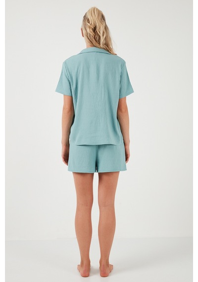 Lela Gömlek Yaka Beli Lastikli Kısa Kollu Şortlu Bayan Pijama Takımı 611Pt00123 Mint