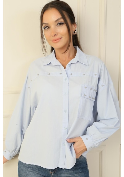 By Saygı Taş Zımba Detaylı Keten Gömlek-36372-bebe Mavi Bebe Mavi