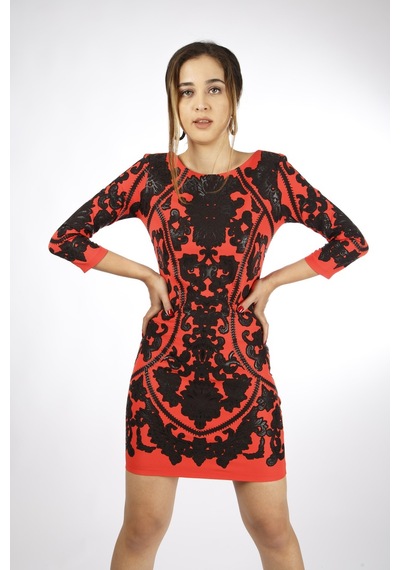 Favori Tekstil Desenli Baskılı Elbise 001